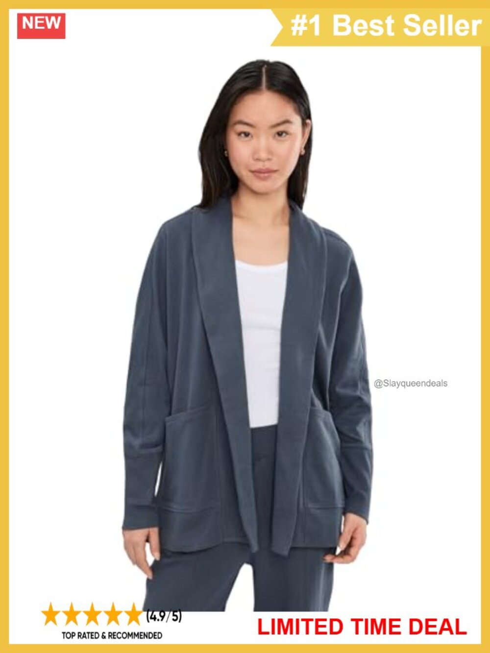 Airplane Wrap Cardigan Double-Layered Shawl Collar Two Pockets Below Hip